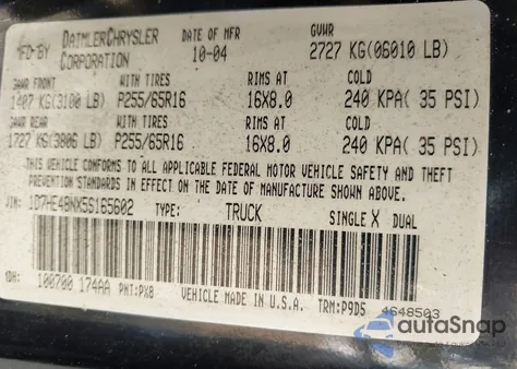 2005 Dodge Dakota Slt из США, поврежденный, VIN 1D7HE48NX5S165602